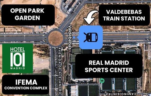 The Hotel101-Madrid site in Avenida Fuerzas Armadas, Valdebebas, Madrid is surrounded by major landmark buildings. It is a 3-minute walk to the Valdebebas Train Station, a 4-minute walk to IFEMA convention complex, 5-minute walk to Real Madrid Sports Complex, and around 7-minute to the new Madrid Barajas International Airport.
