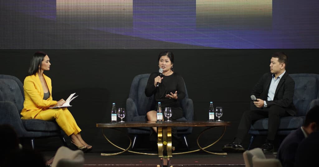 AJ Rocero and Randolf Ilawan discuss sustainable initiatives in Philippine real estate during the panel discussion of The Outlook 2023: Philippine Real Estate Awards.
