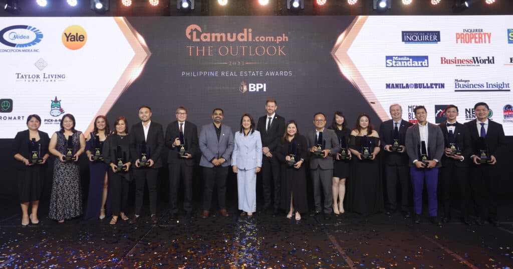 The Outlook 2023: Philippine Real Estate Awards winners pose with their trophies together with Lamudi Philippines’ Country Head Anurag Verma, Head of BPI’s Retail Mortgage Division Bernadette Ocampo, and Lamudi’s Associate Director for Corporate Accounts Mark Bailey. 
