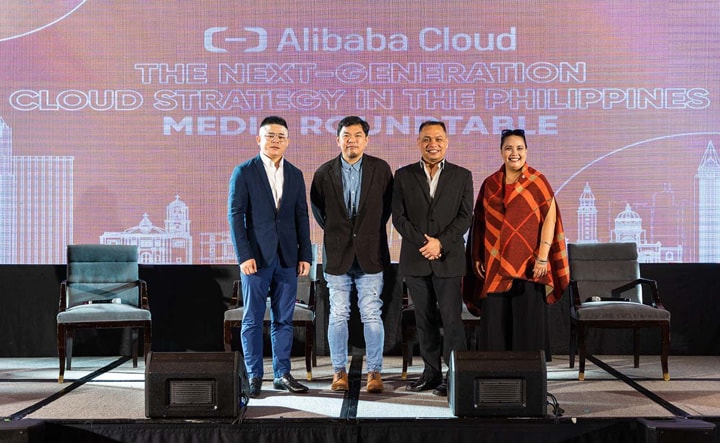 From left: Alibaba Cloud Intelligence Country Manager for the Philippines, Allen Guo, GCash Vice President for Technology and Development and Operations, Greg Igaya, Globe Business Field Chief Technology Officer for Cloud and Cybersecurity, Kristofferson de Ocampo, and Asia Pacific College Executive Director, School of Computing and Information Technologies, Rhea-Luz Valbuena
