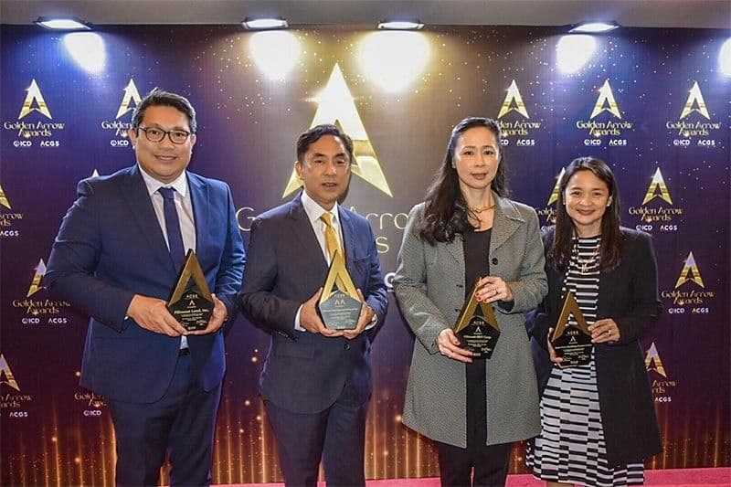 FILINVEST WINS BIG AT ICD GOLDEN ARROW AWARDS. (From left) Filinvest Land Inc. (FLI) president and CEO Tristan Las Marias, Filinvest Development Corp. (FDC) COO Ysmael Baysa, Filinvest REIT Corp. (FILRT) president and CEO Maricel Brion-Lirio and FDC SVP and General Counsel lawyer Millette Asuncion-Arnedo receive Filinvest Group’s various Golden Arrow Awards for FLI, FDC, FILRT and EastWest Bank, respectively.
