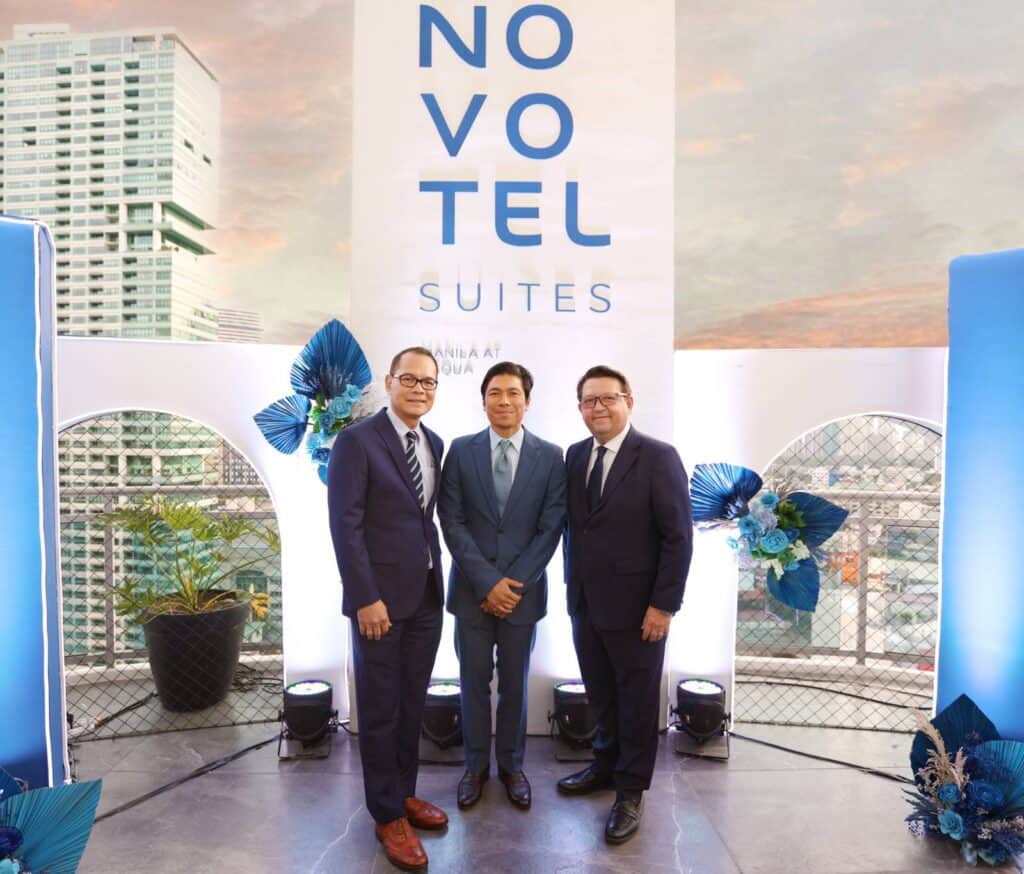 From left to right: Novotel Suites Manila at Acqua General Manager Mr. Raul Aquino,
Century Properties President & CEO Mr. Marco Antonio and Accor’s Vice President for Operations for Philippines, Vietnam, and Maldives, Mr. Xavier Cappelut. 
