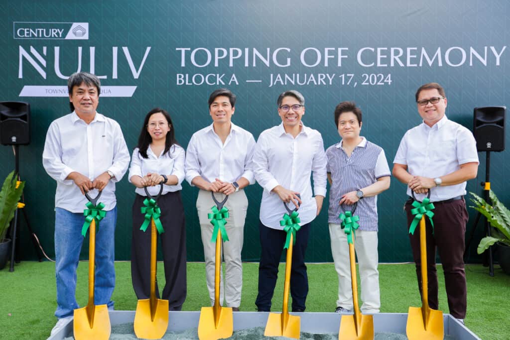 Century Nuliv Townvillas at Acqua topping off ceremony: (L-R) CPG VP for Project Management Group Engr. Larry Reyes; CPG Design Manager Ar. Jennifer Maglaqui; CPG President and CEO Mr. Marco Antonio; CPG Managing Director Mr. Carlo Antonio; CPG Vice Chairman Mr. John Victor Antonio; and CPG AVP for Materials Management Group Mr. Ferdinand Capati.
