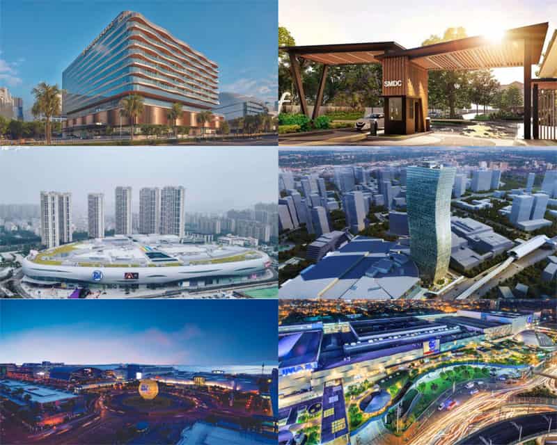 From left, top to bottom: Lanson Place, SM Development Corporation (SMDC) Turf Residences, SM City Yangzhou in China, SM Mega Tower, SM Mall of Asia Complex, and SM City North EDSA.
