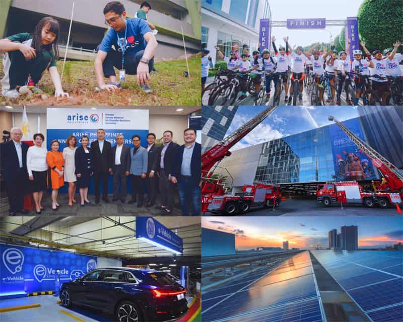 From left, top to bottom: SM Foundation’s Grow Trees Community Program; SM Cares’ Bike-Friendly Program; ARISE Philippines Chairperson Mr. Hans Sy and members; SM Supermalls x Bureau of Fire Protection’s (BFP) Nationwide Simultaneous Fire Drill; SM Supermalls’ Electric Vehicle (EV) Charging Stations; and SM Prime’s Solar Rooftop Project.
