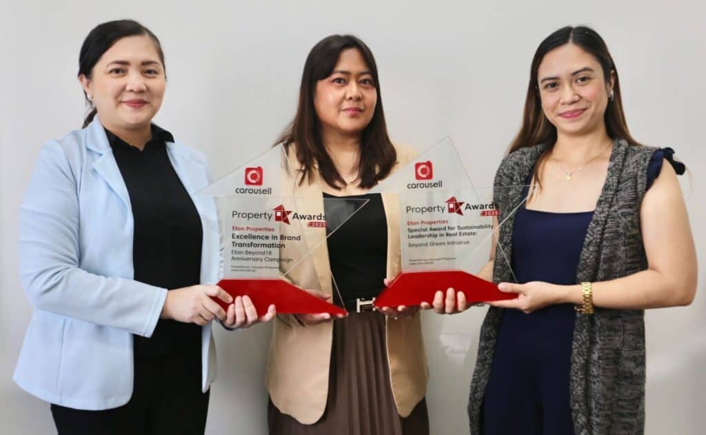 (L-R) Carousell Philippines business director and market representative Shine Resurreccion; Eton Properties assistant vice president for marketing, PR, and corporate communications Donna Salgado, who received the Excellence in Brand Transformation award for the Eton Beyond18 Anniversary Campaign and a Special Award for Sustainability Leadership in Real Estate for the Beyond Green Initiative; and Carousell Philippines corporate sales Melizza Hernandez 
