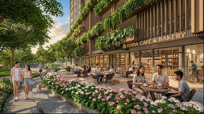 The commercial strip is envisioned amid lush surroundings, bringing a tranquil feel to everyday experiences. Artist’s Illustration
