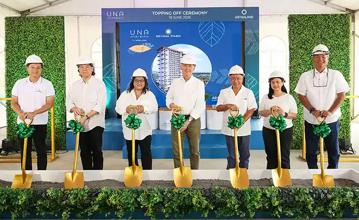 Topping-off ceremony of Una Apartments Tower 2 (From left) Oliver L. Chan, ExecutiveVice President of Arthaland; Leandro Locsin, Jr., Administrator and Consultant of Leandro V. Locsin Partners; Marivic S. Victoria, Chief Finance Officer of Arthaland; Jaime C. González, Vice Chairperson & President of Arthaland; Cornelio S. Mapa, Treasurer & Executive Vice President of Arthaland; Leilani G. Kanapi, Vice President of Arthaland and Gerry Esquivel, President of ASEC Development and Construction Corporation.
