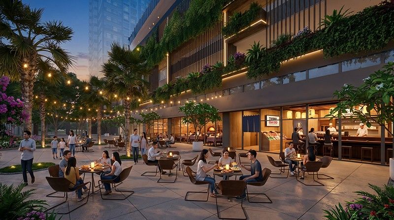 The commercial strip will feature cafés and dining spots designed for relaxed meals and easy neighborhood meetups. Artist’s Illustration
